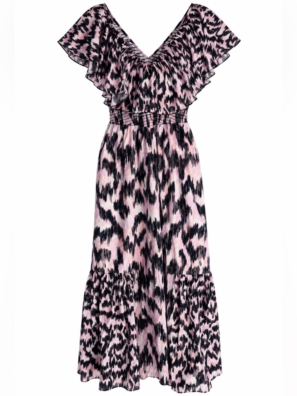 Maria Cher Dabir Maxi Dress Pink Black Print XS Ruffle Maxi Boho Dress